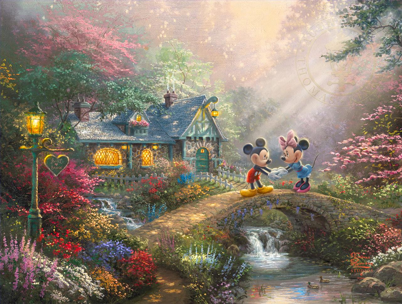 Mickey und Minnie Sweetheart Bridge Thomas Kinkade Ölgemälde